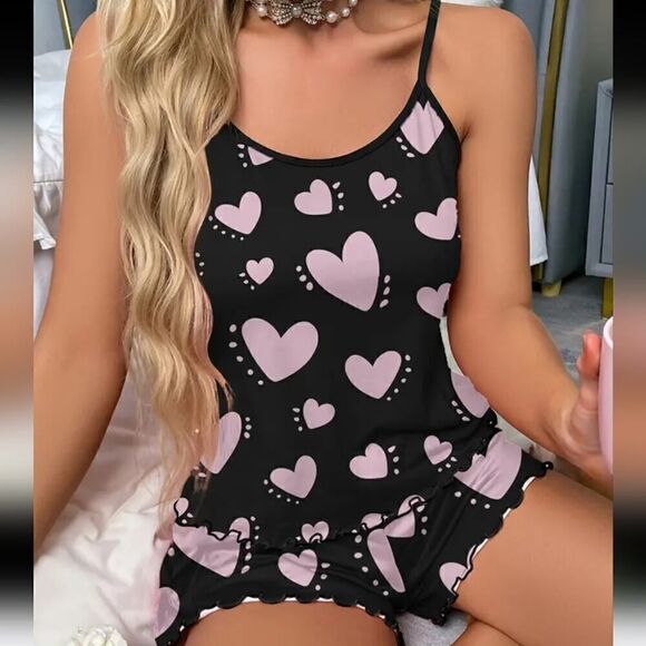 Black and Pink Heart Print Pajama Set Sleeveless Stretch XL - Picture 4 of 5